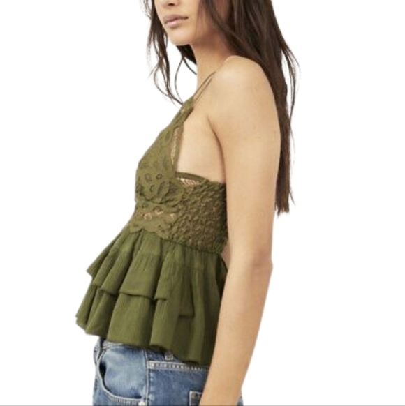 Free People Adella Cami Olive Green Lace Ruffle Top - Picture 7 of 12